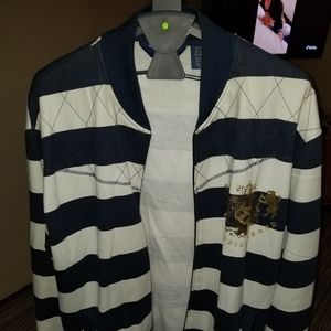 Navy and white jacket.